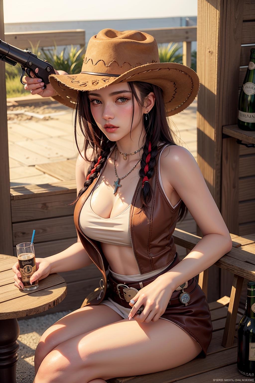 Holding a revolver in hand,western cowboy style,photography,best quality, realistic, photorealistic, intricate details, (delicate detailed), (intricate details), cinematic light, best quality Backlights, clear line, 8k,ultra high res, <lora:cowboyNiuzai_v10:1>,women, alcohol, bar, beer, beer_mug, belt, boots, bottle, bracelet, breasts, brown_hair, cowboy_hat, cowboy_western, crossed_legs, cup, drink, drinking_glass, hat, holding_cup, jewelry, lips, mug, necklace, realistic, sitting, solo, table, wine_glass