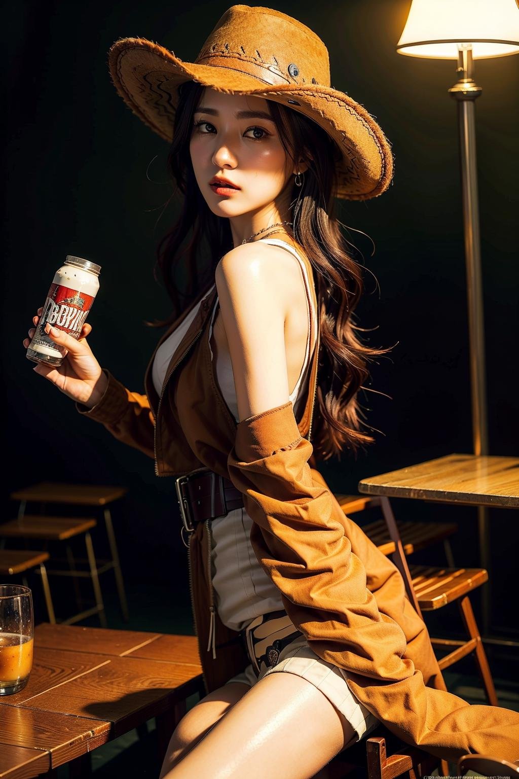 Holding a revolver in hand,western cowboy style,photography,best quality, realistic, photorealistic, intricate details, (delicate detailed), (intricate details), cinematic light, best quality Backlights, clear line, 8k,ultra high res, <lora:cowboyNiuzai_v10:1>,women, alcohol, bar, beer, beer_mug, belt, boots, bottle, bracelet, breasts, brown_hair, cowboy_hat, cowboy_western, crossed_legs, cup, drink, drinking_glass, hat, holding_cup, jewelry, lips, mug, necklace, realistic, sitting, solo, table, wine_glass