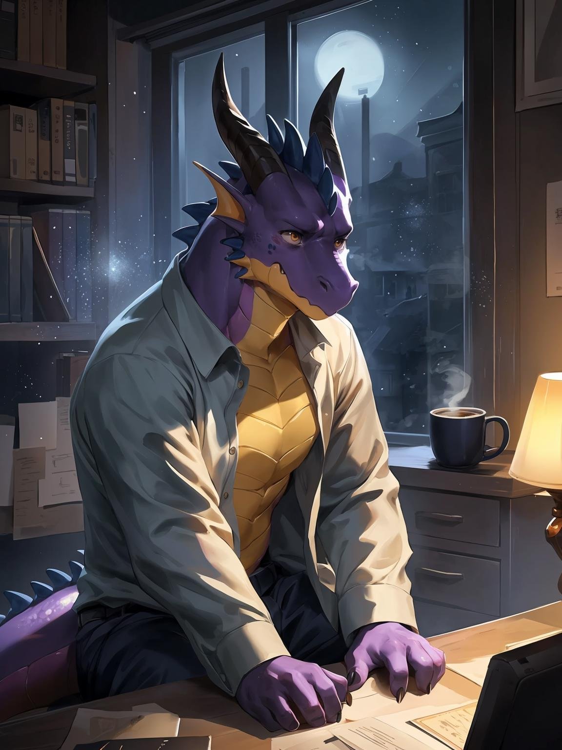solo, male, businessman, (male anthro dragon:1.3), (purple body:1.1), yellow belly, (sitting:1.3), (kemono:1.4), (on desk:1.23), (open shirt), (sad:1.3), exhausted ,detailed eyes, dragon tail, horn, (bust portrait), (detailed eyes), (indoors:1.35), office, coffee cup, steam, plant, light, (night:1.4), (particles ,firefly, blue glowing:1.3), detailed background, 8k hd, (dark shadows, wide dynamic range, hdr, low light:1.2), by Pino Daeni, canyne khai, milkytiger1145, dagasi, yupa, (detailed eyes:1.5)