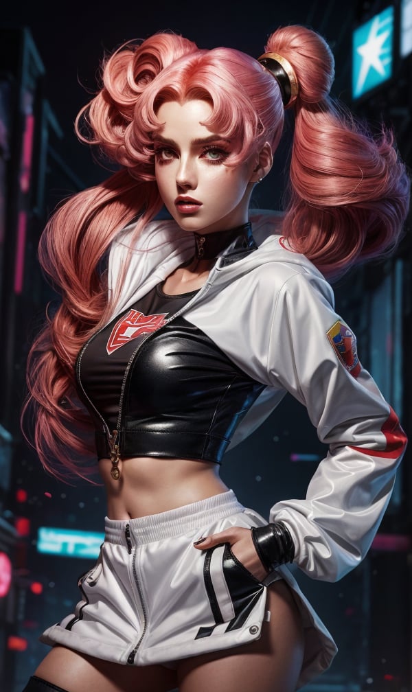 poster model woman with futuristic streetwear and sailor moon hair, cute face, pretty, Anime by Cushart Krentz and Gilleard James, Fierce expression 4k, 8k, HDR, Trending on artstation, Behance,