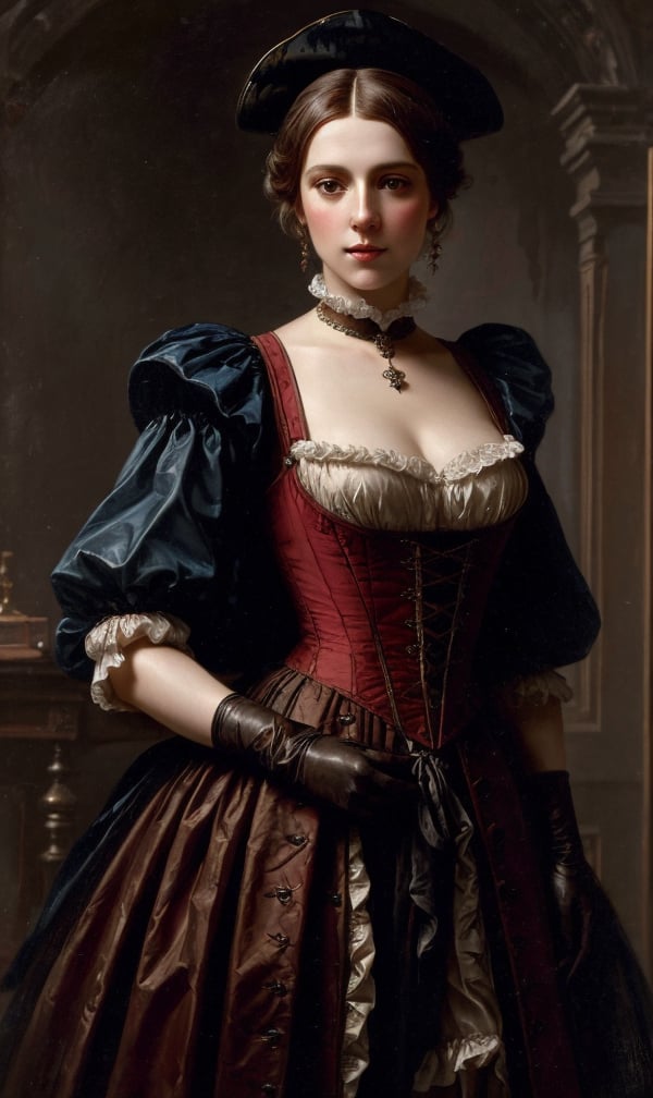 Solomon Joseph Solomon and Richard Schmid and Jeremy Lipking victorian genre painting full length portrait painting of a young beautiful woman wearing gloves traditional german french actress model pirate wench in fantasy costume, red background