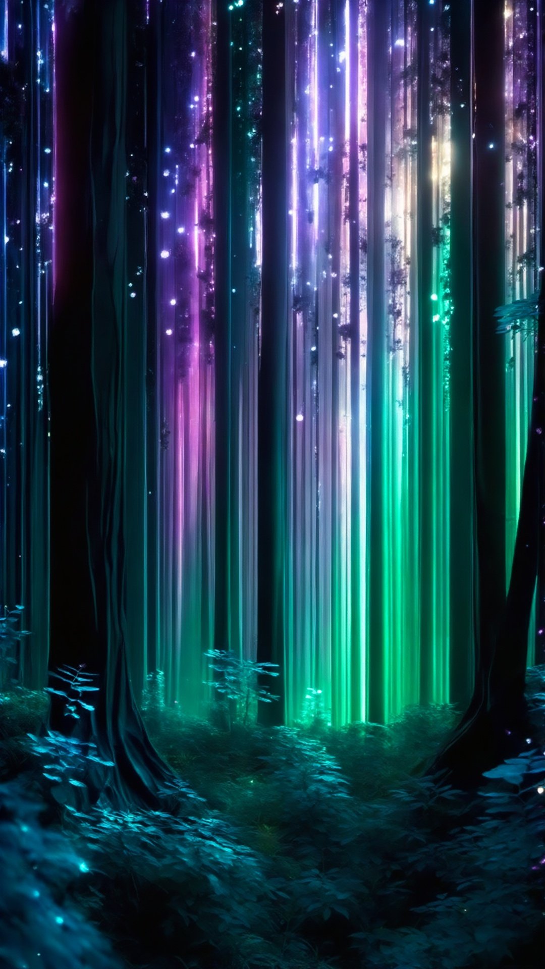 (Magical universe, fantasy style: 1.5) (Complex details) (Advanced color) (Sci-fi concept light) This picture is a projection of a microscopic world, a microscopic forest. The trees are made of tiny crystals, and they sparkle differently in the dim light. s color. Each crystal tree emits a faint fluorescence, like a forest of tiny gems. When the breeze blows, the leaves will emit subtle music, and tiny creatures jump in the woods, forming a dreamlike microscopic forest.