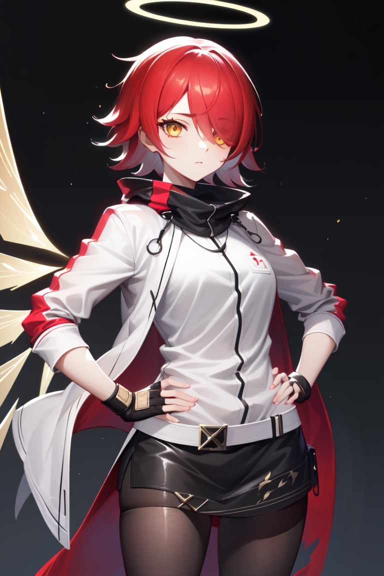 masterpiece, best quality, (intricate details:1.3), exusiai, 1girl, solo, red hair, short hair, hair over one eye, halo, jacket, belt, black pantyhose, detached wings, black skirt, fingerless gloves , standing, hand on hip, volumetric lighting, colorful, vivid, ultra sharp,exusiai