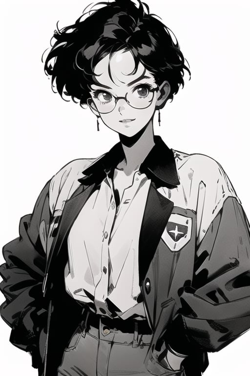 1girl,solo_female,mature female,black-hair,short hair,no_bangs,detailed lips,blazer and shirt,trousers,glasses,buff,hands_on_hips,no_hair_on_forehead,big_forehead,clear_forehead,megane,smirk,muscular body,monochome,sketch,greyscale,mdf_an