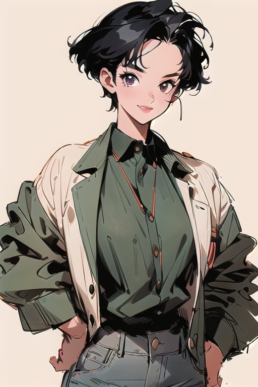 1girl,solo_female,mature female,black-hair,short hair,no_bangs,detailed lips,blazer and shirt,trousers,buff,hands_on_hips,no_hair_on_forehead,big_forehead,clear_forehead,smirk,muscular body,sketch