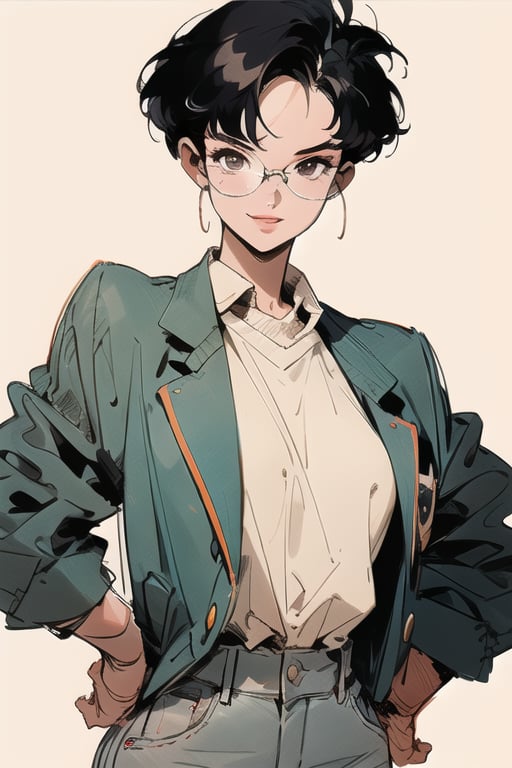 1girl,solo_female,mature female,black-hair,short hair,no_bangs,detailed lips,blazer and shirt,trousers,glasses,buff,hands_on_hips,no_hair_on_forehead,big_forehead,clear_forehead,megane,smirk,muscular body,sketch