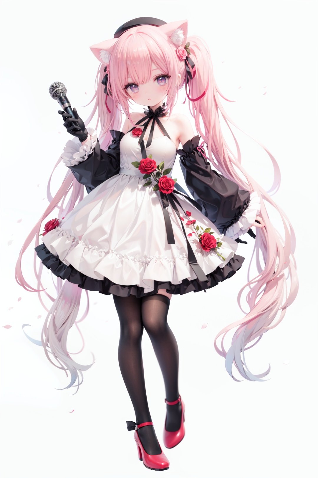 masterpiece, ((best quality)),  dynamic angle, chromatic aberration, ((colorful)),1girl, solo, flower, thighhighs, white thighhighs, gloves, red footwear, long hair, detached sleeves, animal ears, rose, blonde hair, looking at viewer, full body, hat, high heels, petals, dress, standing, twintails, wide sleeves, holding, shoes, frills, red flower, cat ears, bangs, microphone, long sleeves, white flower, hair ornament, white gloves, zettai ryouiki, bare shoulders, pink eyes, frilled dress, small breasts, breasts, closed mouth, skirt, beret, white headwear, very long hair, red eyes, red rose, white dress, blush, ribbon, black gloves, animal ear fluff, hair flower, pink flower