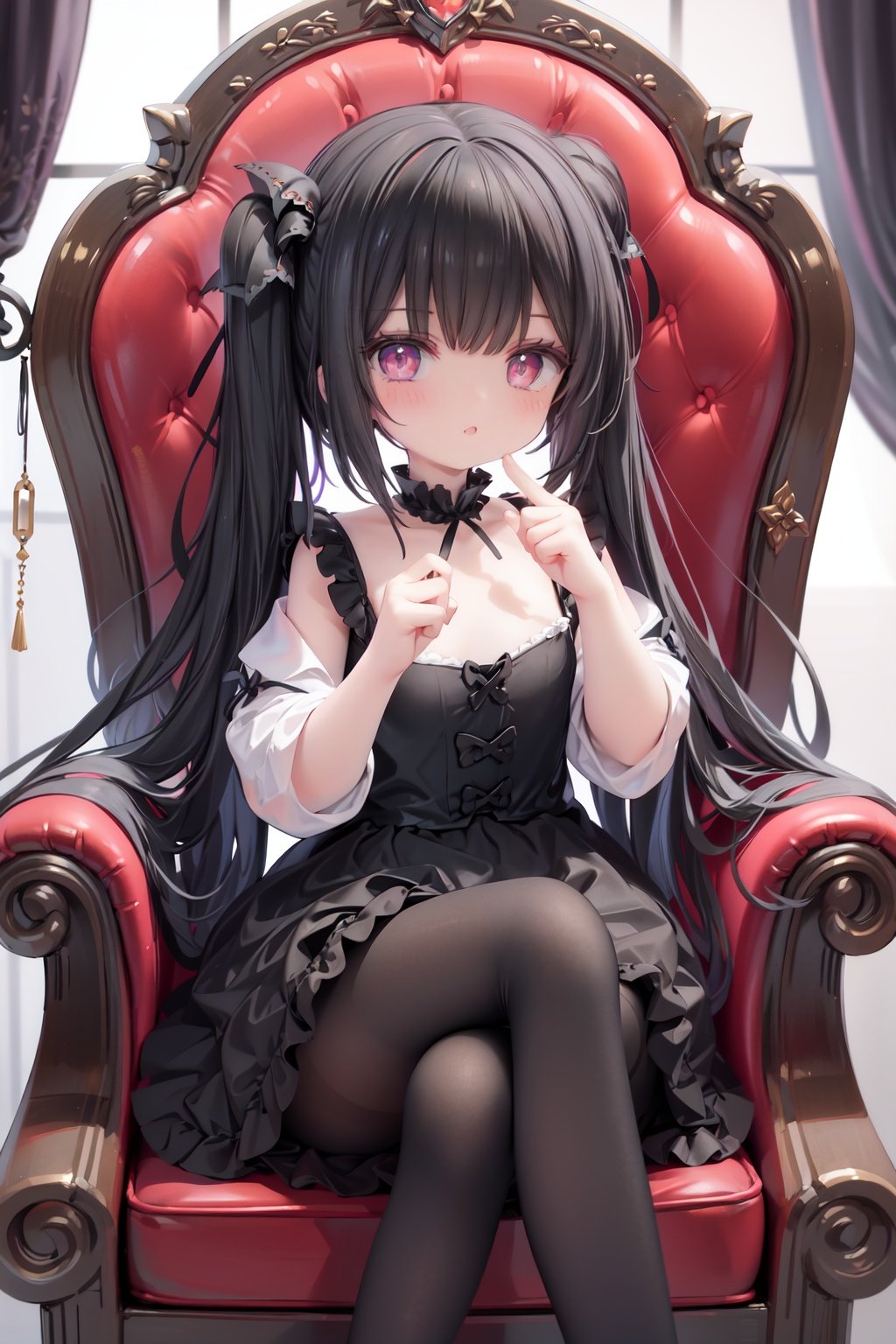 masterpiece, ((best quality)), (ultra-detailed), (illustration), an extremely delicate and beautiful girl, dynamic angle, chromatic aberration, ((colorful)),//,1girls,loli,(petite child:1.1),//,(in Gothic castle),girl with black hair,red eyes,Vertical pupil,long hair,hair arrangement,(Detailed face description),(batwing),(Gothic Lolita),(bat tail),alccandlestick,Cathedral glass,,short skirt,black pantyhose,red lace,high heels,rose tattoo,throne,sitting,crossed legs,//,