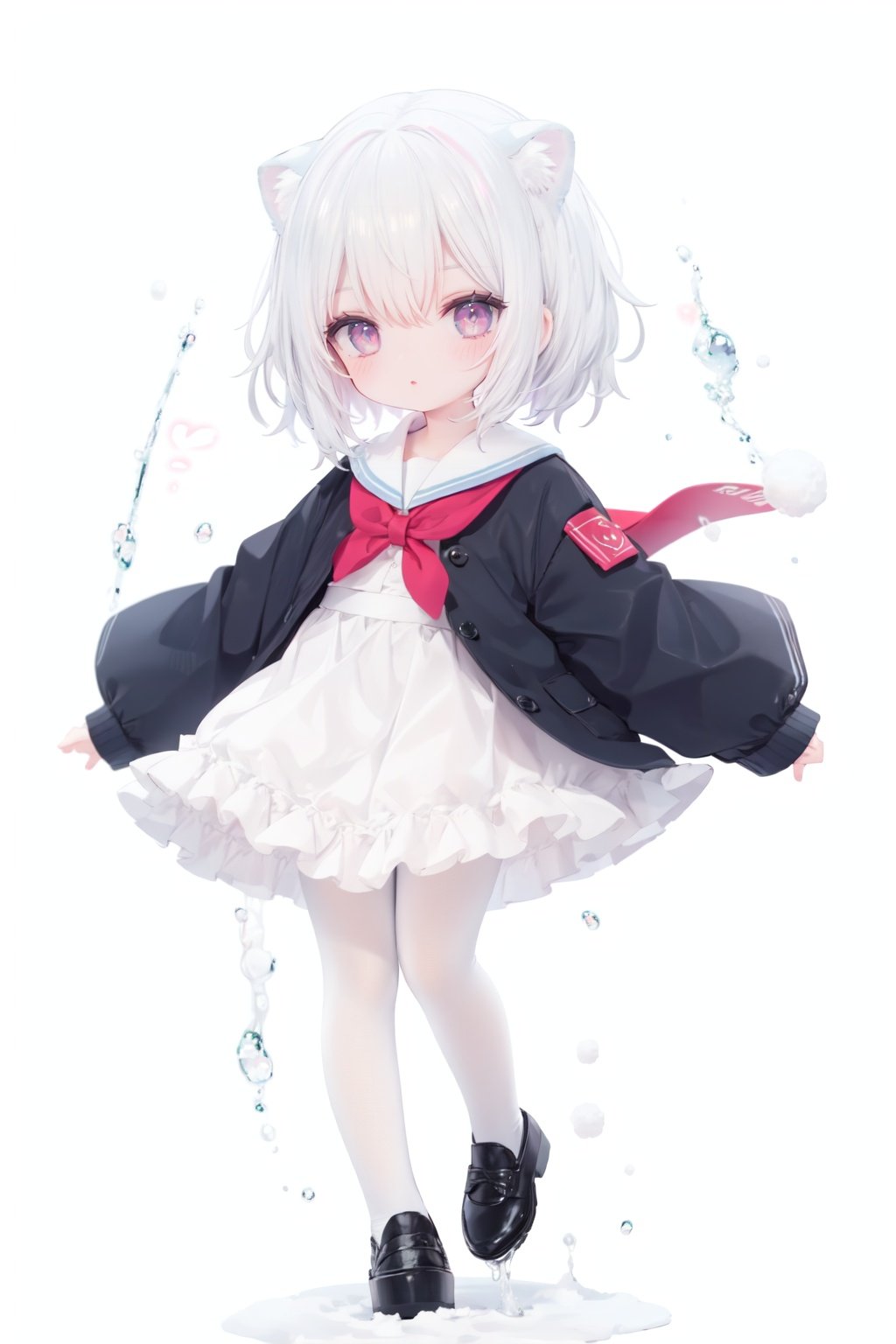 cute,Infant,solo blue shirt,blue sailor coat,loli,full body,white hair,snow leopard ear,white background,pink eyes,laugh,happy,white pantihose,white pantyhose,red armband,