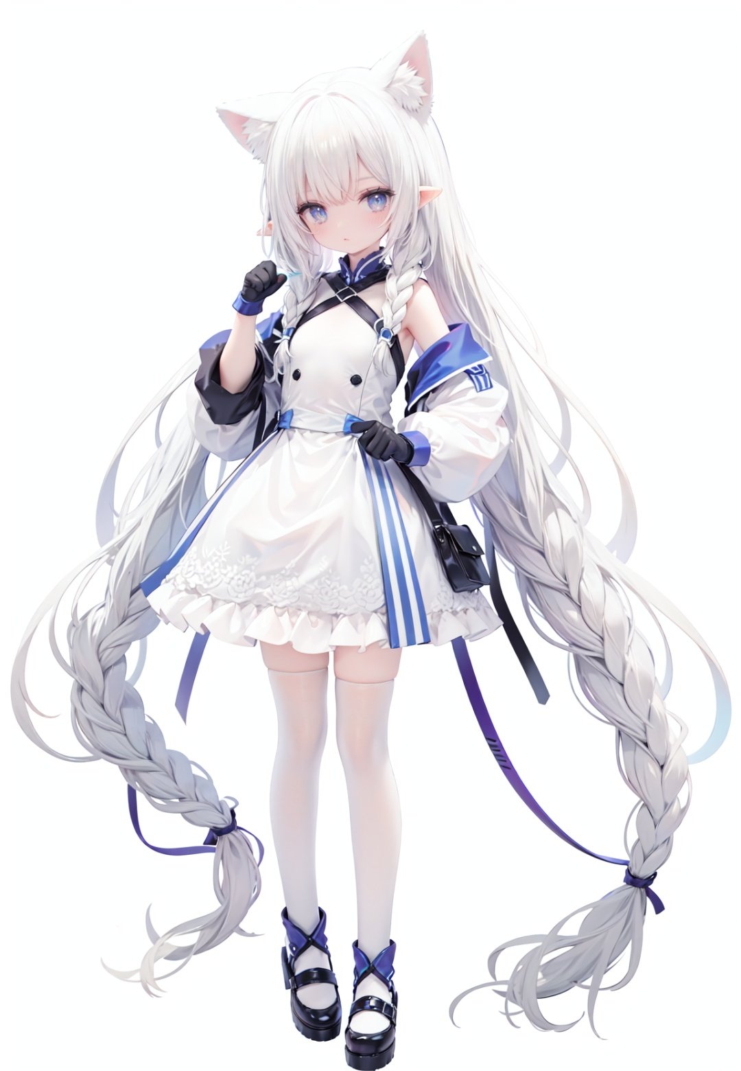 1girl, white_gloves, braid, full_body, gloves, long_hair, official_alternate_costume, pointy_ears, simple_background, solo, standing, very_long_hair, white_background,white hair,blue eyes,paw claw pose, open_mouth,