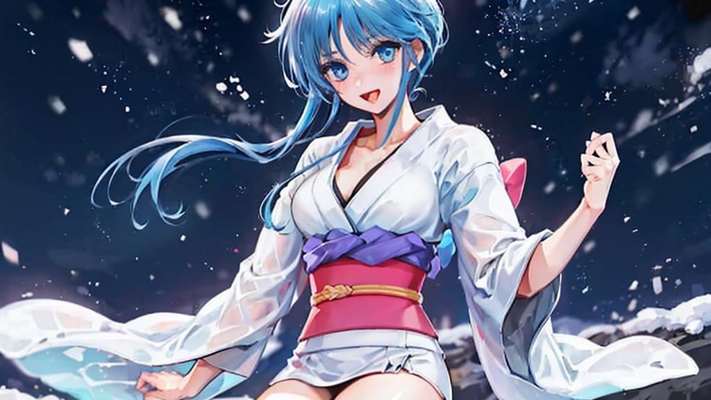 <lora:Yukime_V1:0.9>dynamic angle , upperbody , of 1girl, Yukime  beautiful girl pale blue hair with blue eyes , in sexy wide open kimono with lifted-up skirt , looking at landscape behind,submege inside onsen water house among the starry night with aurora snowy fuji mountain landscape , dramatic light,scene from movie ,romantic ,8k uhd, dslr, soft lighting, high quality, film grain, Fujifilm XT3