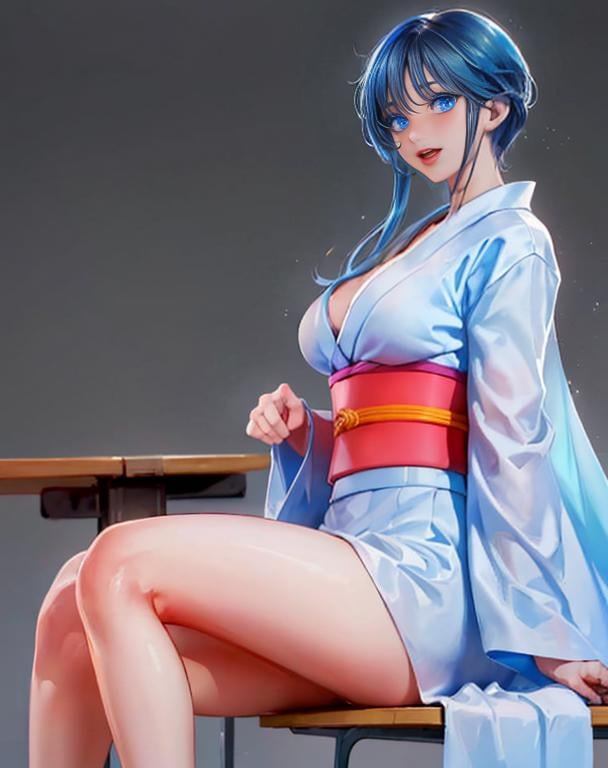 <lora:Yukime_V1:0.7> dynamic angle  , of 1girl , Yukime  beautiful girl pale blue hair with blue eyes ,NSFW, performing laying on back legs rise , over the table in classroom ,   large breast in sexy wide open half-naked kimono nipple exposed ,  with lifted-up skirt pussy exposed ,dramatic light , 8k uhd, dslr, soft lighting, high quality, film grain, Fujifilm XT3,  dramatic light,scene from movie ,romantic