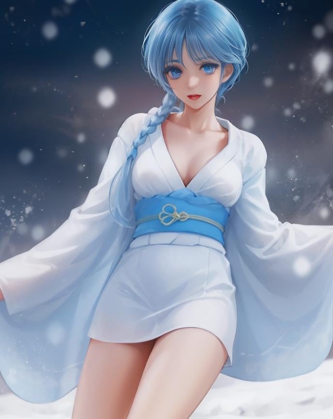 <lora:Yukime_V1:0.7> dynamic angle  , of 1girl , Yukime  ,nude ,beautiful girl pale blue hair with blue eyes ,NSFW, performing laying on back legs rise with lifted-up skirt pussy exposed  ,among the winter snowy night ,   large breast in sexy wide open half-naked kimono nipples exposed ,  ,dramatic light , 8k uhd, dslr, soft lighting, high quality, film grain, Fujifilm XT3,  dramatic light,scene from movie ,romantic