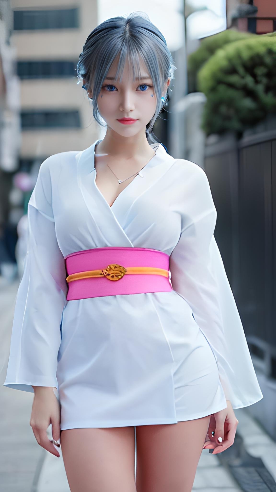 ( light blue glowing eyes:1.3) , pure white smooth skin ,Yukime 1girl ,realistic beautiful face ,  with soft pale blue hair , sexy white kimono with pink obi tight short skirt ,loo at viewer,(skin blemish:1.2), smirk