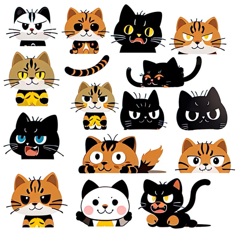 expression sheet,no humans,cat,multiple poss and expressions,angry,happy,simple background,white_background,, masterpiece,high quality,