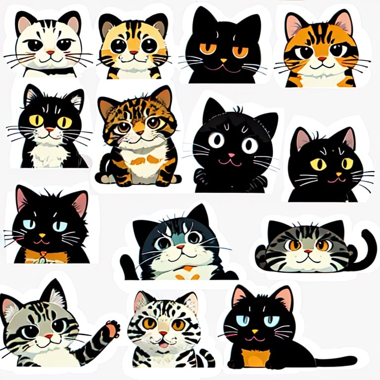 expression sheet,no humans,cat,multiple poss and expressions,angry,happy,simple background,white_background,, masterpiece,high quality,