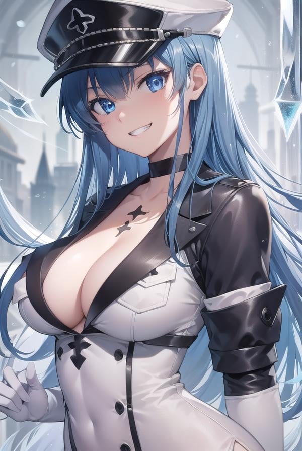 esdeath, <lora:esdeath-lora-nochekaiser:1>,esdeath, blue eyes, blue hair, long hair, (small breast:1.2), smile, grin,BREAK boots, choker, cleavage, collarbone, hat, ice, military, military uniform, peaked cap, thigh boots, thighhighs, uniform,BREAK looking at viewer, full body,BREAK indoors,BREAK <lyco:GoodHands-beta2:1>, (masterpiece:1.2), best quality, high resolution, unity 8k wallpaper, (illustration:0.8), (beautiful detailed eyes:1.6), extremely detailed face, perfect lighting, extremely detailed CG, (perfect hands, perfect anatomy),