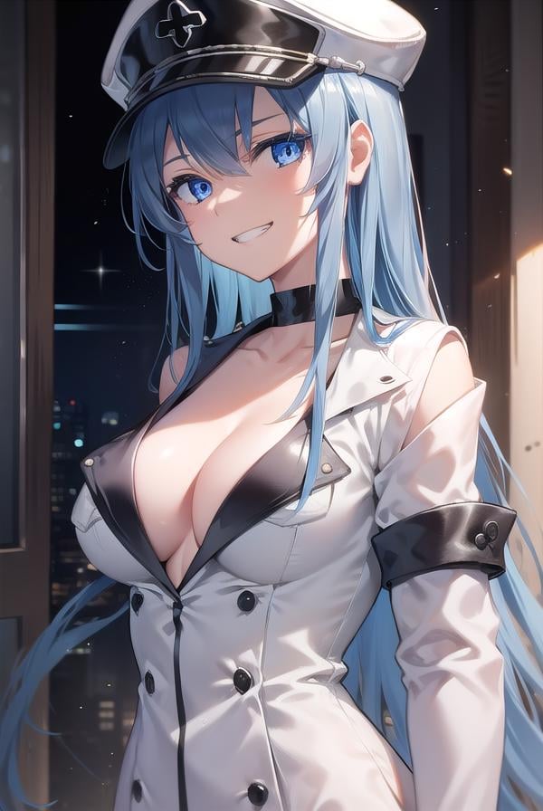 esdeath, <lora:esdeath-lora-nochekaiser:1>,esdeath, blue eyes, blue hair, long hair, (small breast:1.2), smile, grin,BREAK boots, choker, cleavage, collarbone, hat, ice, military, military uniform, peaked cap, thigh boots, thighhighs, uniform,BREAK looking at viewer, full body,BREAK indoors,BREAK <lyco:GoodHands-beta2:1>, (masterpiece:1.2), best quality, high resolution, unity 8k wallpaper, (illustration:0.8), (beautiful detailed eyes:1.6), extremely detailed face, perfect lighting, extremely detailed CG, (perfect hands, perfect anatomy),