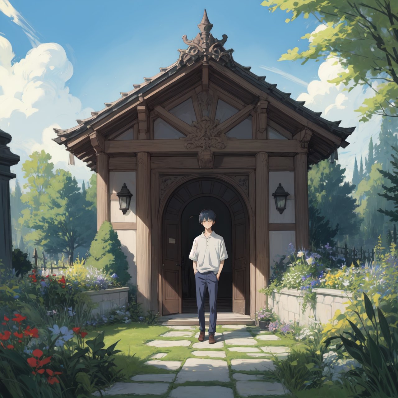 (masterpiece,  best quality,  ghibli style), 1boy, front view, sketch, garden, high color
