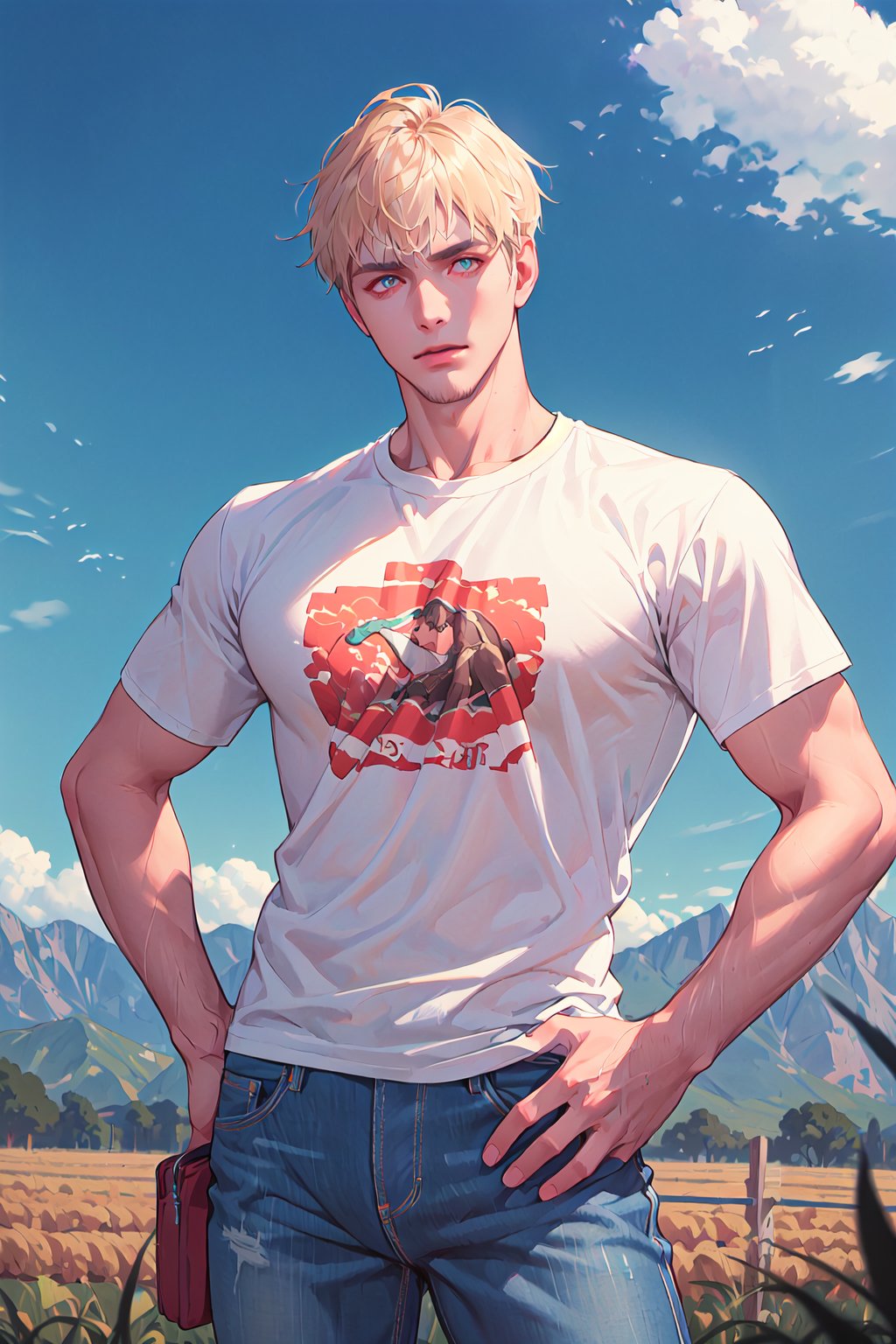 (masterpiece,  best quality,  perfact eyes,  ultra detailed),  absurdres,  highres,  subsurface scattering,  (cowboy_shot:1.3),  upper body,  1boy,  solo,  adult,  tall,  handsome,  open eyes,  placing both hands on hips,  farmer,  t-shirt,  jeans,  outdoor,  beautiful background,  closed mouth,  (male_focus: 1.4)