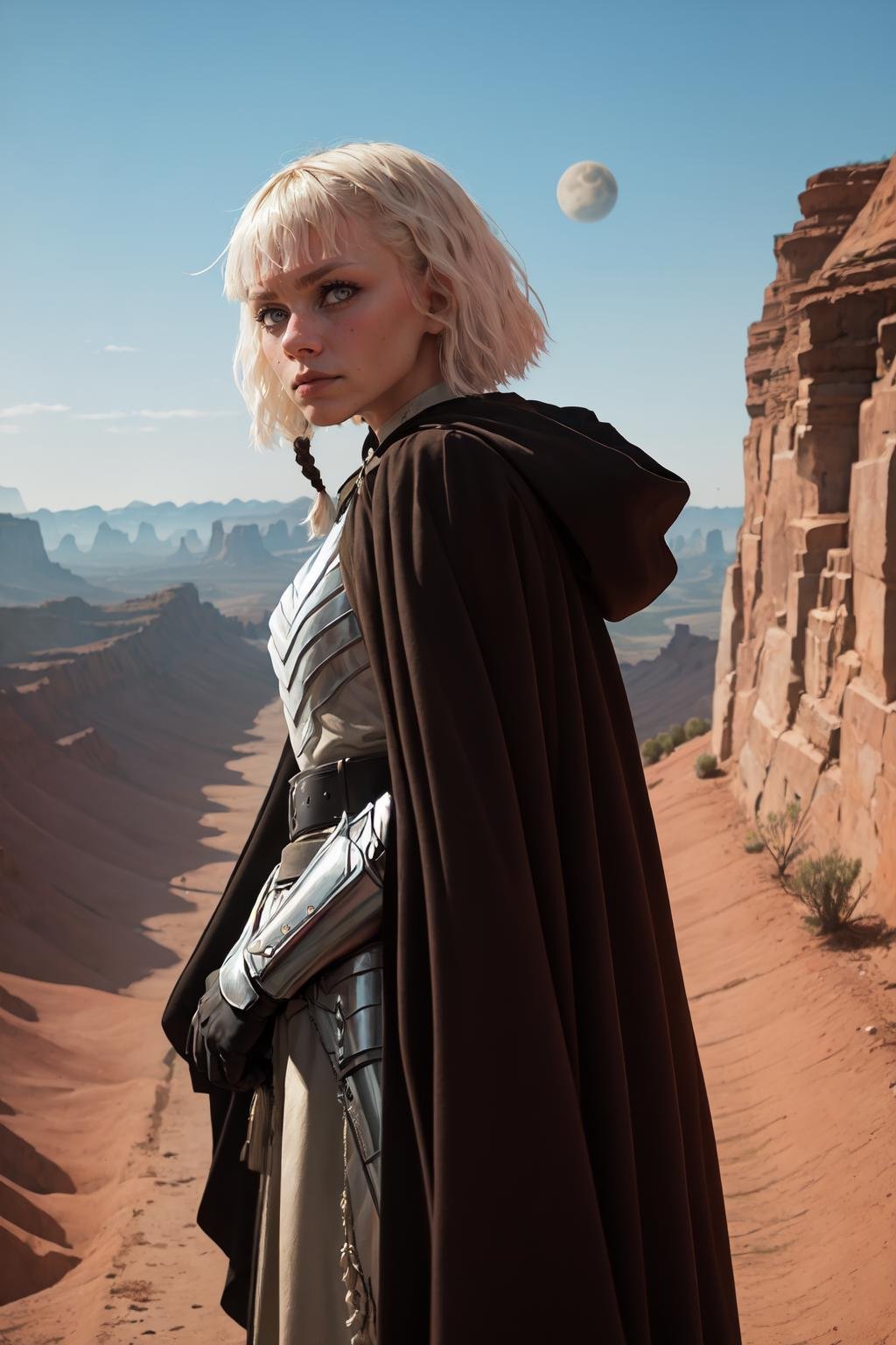 (masterpiece, best quality), outdoors, desert, canyon, 2 moons, cowboy shot, 1girl, solo, ShinHati, single braid, side braid, <lora:ShinHati_V1-Manityro-dadapt:1>, serious, looking at viewer, hooded cloak, vambraces, black gloves, belt, greaves