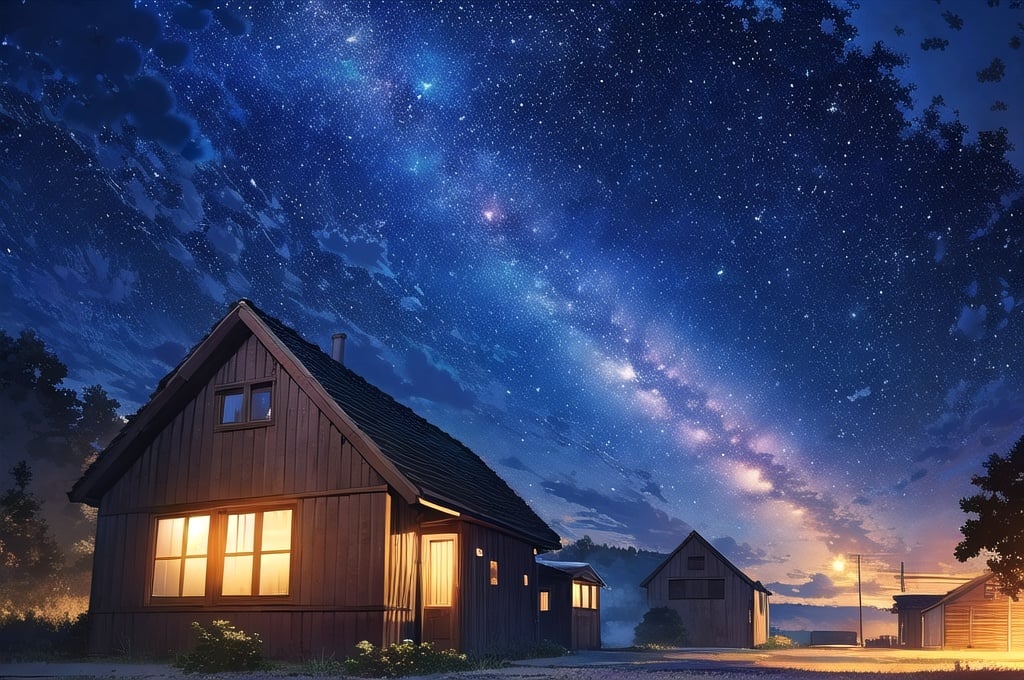 starry sky,meteor,milky way,cottage,8K,best quality,village