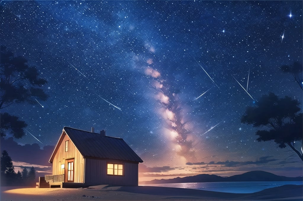 starry sky,meteor,milky way,cottage,8K,best quality,dune