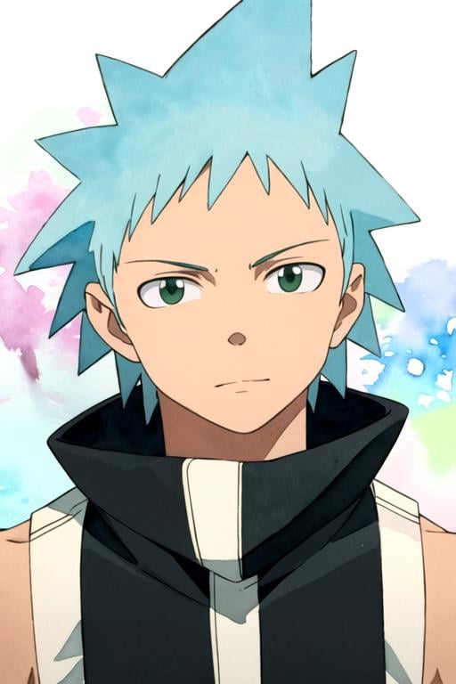 masterpiece, best quality, , 1boy, solo, male focus, looking at viewer, upper body, , (watercolor illustration, soft pastel colors:1.1), realistic, <lora:black_star_soul_eater:0.66>, black_star_soul_eater, blue hair, green eyes, spiked hair