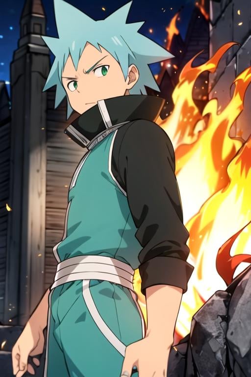 masterpiece, best quality, , 1boy, solo, male focus, looking at viewer, , depth of field, , , <lora:black_star_soul_eater:0.72>, black_star_soul_eater, blue hair, green eyes, , knight costume, fire, 8k resolution