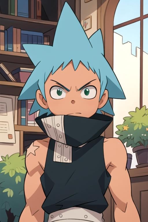 masterpiece, best quality, illustration, 1boy, solo, male focus, looking at viewer, upper body, , anime coloring, , <lora:black_star_soul_eater:0.70>, black_star_soul_eater, blue hair, green eyes, , , , ,