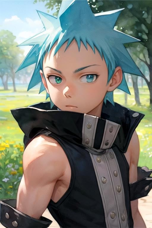 masterpiece, best quality, wallpaper, 1boy, solo, male focus, looking at viewer, , depth of field, (watercolor illustration, soft pastel colors:1.1), realistic, <lora:black_star_soul_eater:0.72>, black_star_soul_eater, blue hair, green eyes, spiked hair, , steampunk, HD-DVD