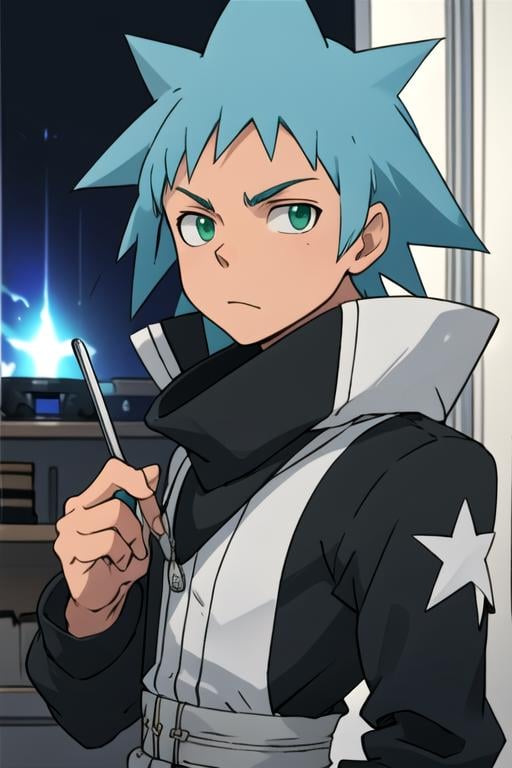 masterpiece, best quality, , 1boy, solo, male focus, looking at viewer, upper body, depth of field, anime coloring, , <lora:black_star_soul_eater:0.66>, black_star_soul_eater, blue hair, green eyes, spiked hair, conductor costume, , HD-DVD