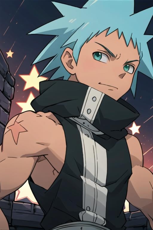 masterpiece, best quality, game cg, 1boy, solo, male focus, looking at viewer, upper body, , anime coloring, , <lora:black_star_soul_eater:0.74>, black_star_soul_eater, blue hair, green eyes, spiked hair, patriotic costume, , High resolution