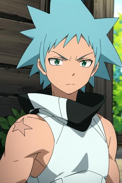 masterpiece, best quality, illustration, 1boy, solo, male focus, looking at viewer, upper body, depth of field, , , <lora:black_star_soul_eater:0.66>, black_star_soul_eater, blue hair, green eyes, spiked hair