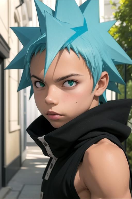 masterpiece, best quality, photorealistic, 1boy, solo, male focus, looking at viewer, upper body, depth of field, anime coloring, , <lora:black_star_soul_eater:0.72>, black_star_soul_eater, blue hair, green eyes, spiked hair, clown costume, ,