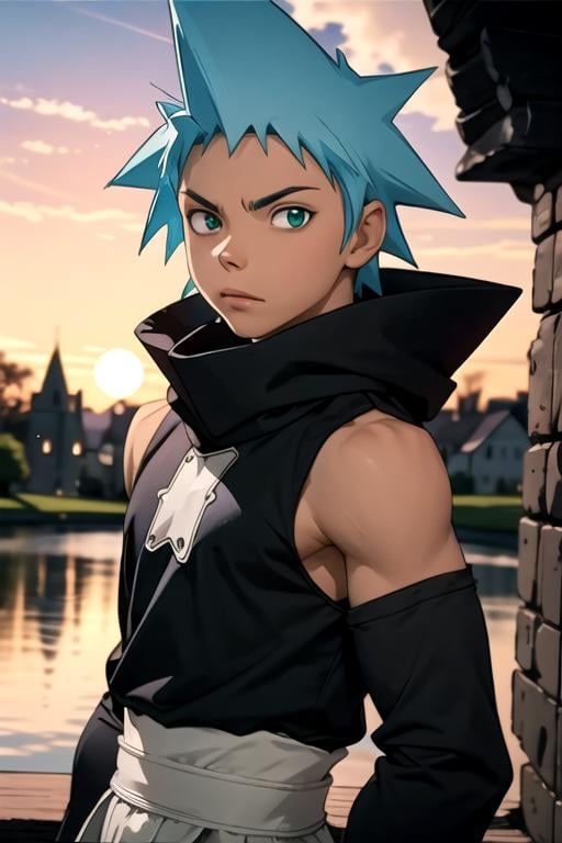 masterpiece, best quality, wallpaper, 1boy, solo, male focus, looking at viewer, , depth of field, anime coloring, , <lora:black_star_soul_eater:0.66>, black_star_soul_eater, blue hair, green eyes, spiked hair, medieval costume, hill, HD