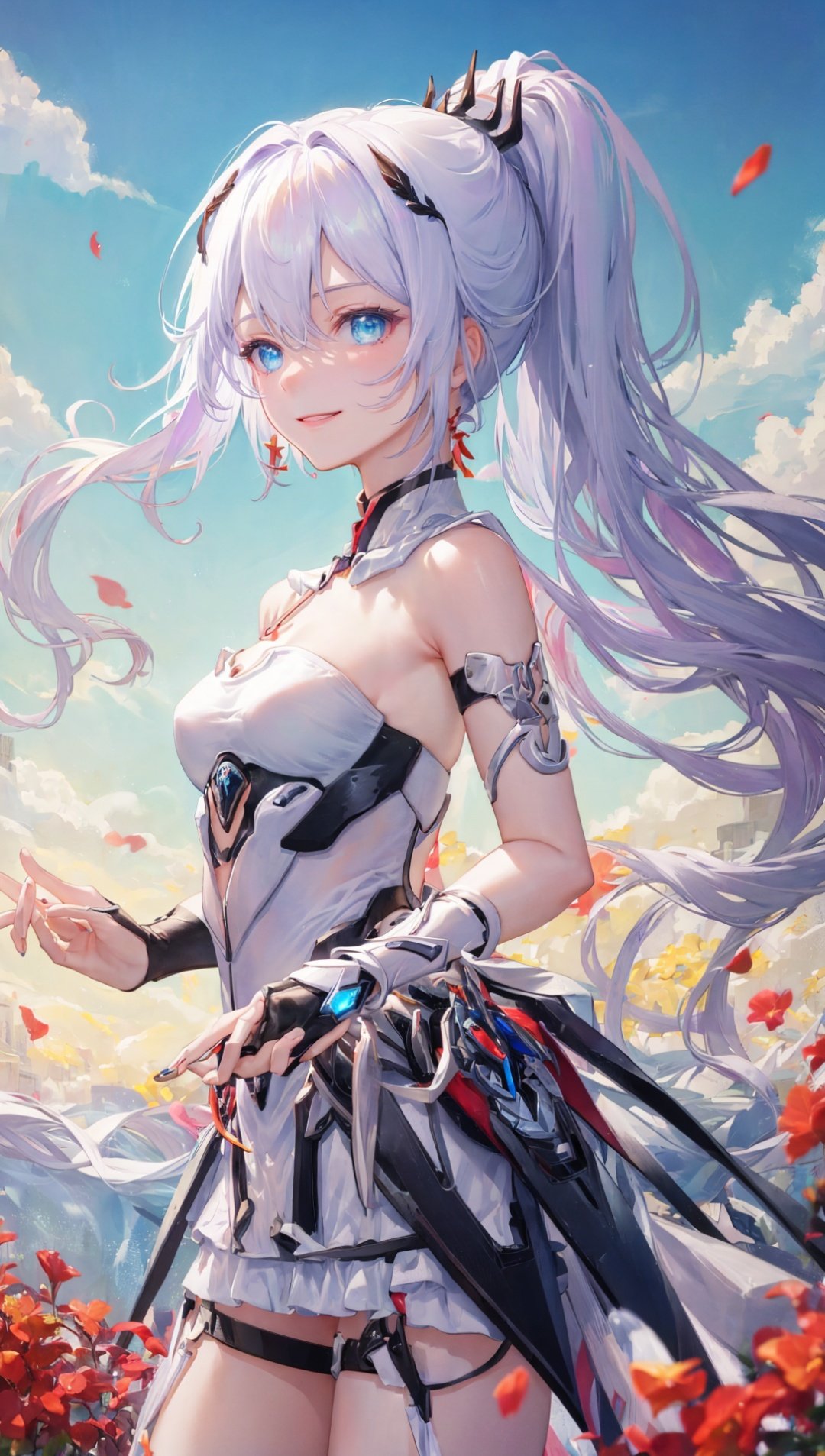  masterpiece,bestquality,highlydetailed,ultra-detailed,hmlacia,leicia,(purple hair:white hair:blue hair:1.025),long hair,hair ornament,ice blue eyes,delicate eyebrows,solo,1girl,gentle and soothing presence,radiating warmth and comfort,serene smile,soft and tender eyes,long hair,front view,HOF,high ponytail,cowboy_shot,armor,armlets,