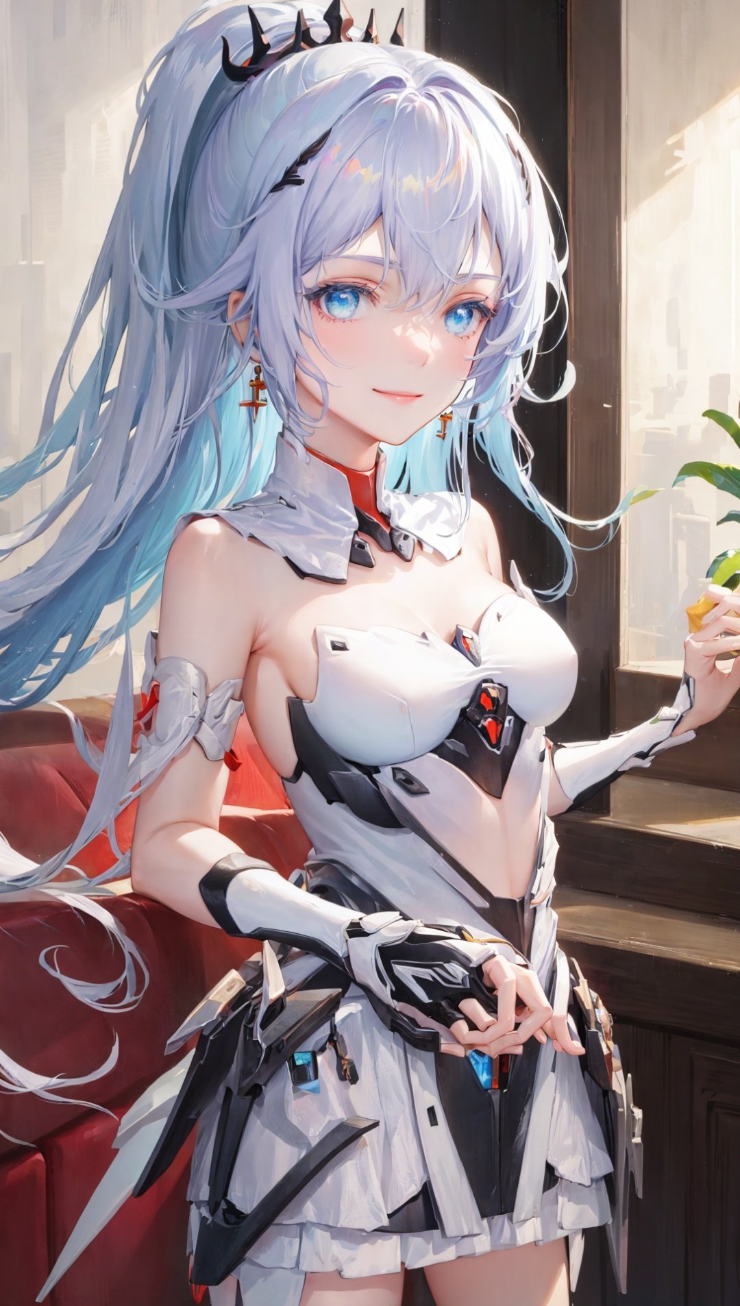  masterpiece,bestquality,highlydetailed,ultra-detailed,hmlacia,leicia,(purple hair:white hair:blue hair:1.025),long hair,hair ornament,ice blue eyes,delicate eyebrows,solo,1girl,gentle and soothing presence,radiating warmth and comfort,serene smile,soft and tender eyes,long hair,front view,HOF,high ponytail,cowboy_shot,armor,armlets,