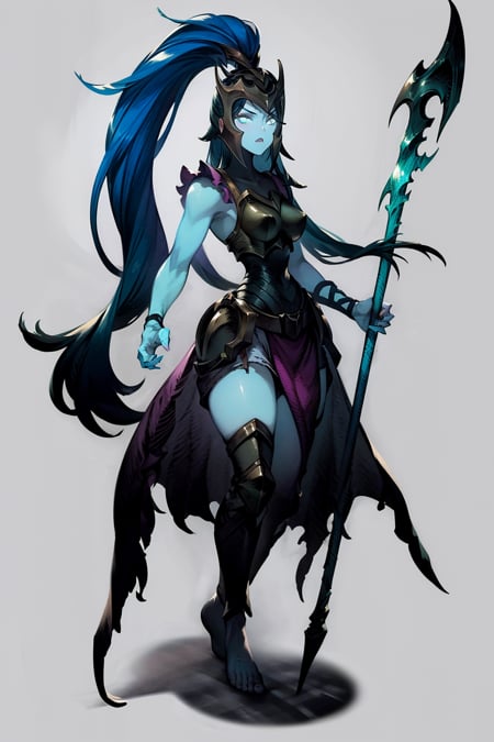 masterpiece, best quality, 1girl, kalista, armor, barefoot, blue skin, colored skin, glowing, helmet, long hair, no pupils, ponytail, solo, spear <lora:WOTV:1>  <lora:Kalista:1>