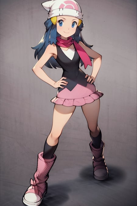 masterpiece, best quality, 1girl, dawn \(pokemon\), beanie, long hair, blue hair, blue eyes, black sleeveless shirt, pink scarf, pink skirt, pink boots, hands on hips, smile, looking at viewer, solid grey background <lora:Dawn:1> <lora:WOTV:1>
