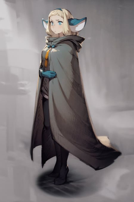 masterpiece, best quality, 1girl, bakarajurgen, cloak, hood, full body, sketch, solid grey background  <lora:WOTV:1> <lora:BakaraJurgen:1>