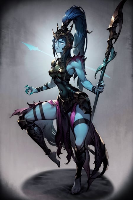 masterpiece, best quality, 1girl, kalista, armor, barefoot, blue skin, colored skin, glowing, helmet, long hair, no pupils, ponytail, solo, spear <lora:WOTV:1>  <lora:Kalista:1>