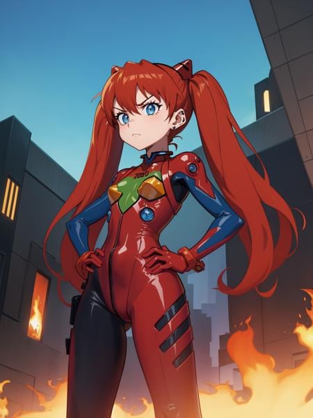 (masterpiece, best quality:1.15), 1girl, solo, fairyland, (asuka langley:1.1), from the anime series neon genesis evangelion, fiery and bold, vibrant red hair, medium length with twin tails, stylish red and white pilot suit, futuristic urban skyline, confidently standing with hands on hips, determined expression, piercing blue eyes, eva-02 unit in the background, fierce and intense