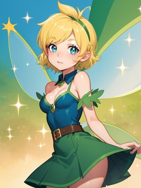 (masterpiece, best quality:1.15), 1girl, solo, fairyland, (tinker bell:1.1), a fairy, from disney's peter pan, green and gold, small breasts, blonde hair, delicate green dress, short dress, sparkle, wings, short hair, blue eyes