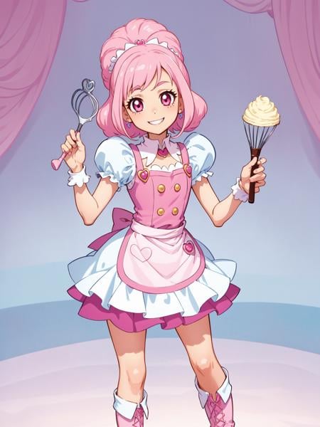 (masterpiece, best quality:1.15), 1girl, solo, fairyland, (cure whip:1.1), from kirakira pretty cure a la mode, pastel pink and white, waist-length pink hair, frilly white apron, pink boots, pink eyes, holding a whisk, baking pose, sweet smile