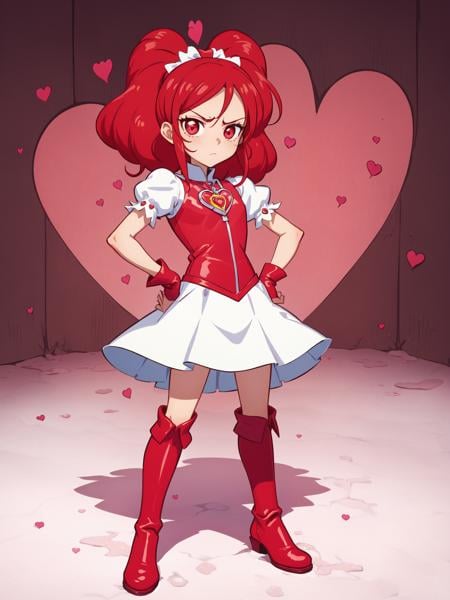 (masterpiece, best quality:1.15), 1girl, solo, fairyland, (cure heart:1.1), from dokidoki pretty cure, red and white, long red hair, heart-themed white dress, red boots, red eyes, heart-shaped locket, hands on hips, determined expression