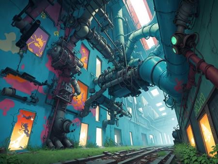 (masterpiece, best quality:1.15), (fairyland:1.2), no humans, whimsical, outdoors, abandoned industrial area, rusty metal, concrete, graffiti, neon lights, broken windows, high walls, overgrown plants, abandoned machinery, rusty pipes, sky