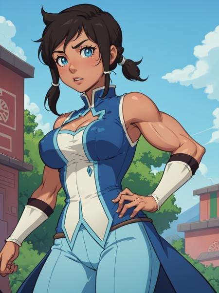 (masterpiece, best quality:1.15), 1girl, solo, fairyland, (korra:1.1), from the legend of korra, medium breasts, blue and white outfit, blue eyes, short brown hair, muscular build, dark-skinned