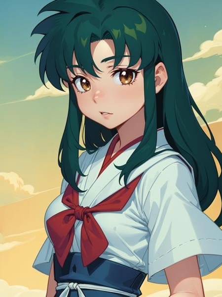 (masterpiece, best quality:1.15), 1girl, solo, fairyland, (kagome higurashi:1.1), from inuyasha, fair skin, medium breasts, long black hair, traditional green and white japanese school uniform, brown eyes