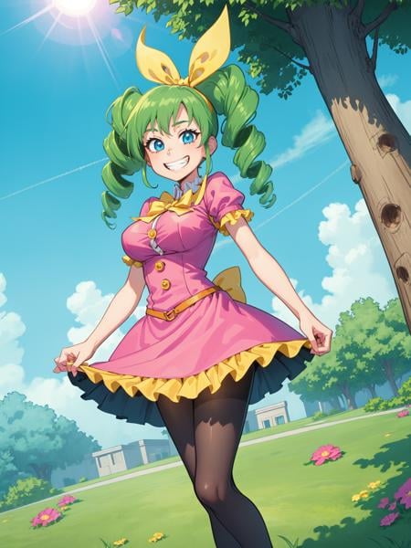 (masterpiece, best quality:1.2), (gert:1.05), (fairyland:1.1), 1girl, solo, green hair, large breasts, drill hair, stripped pantyhose, pink dress with yellow frills and buttons, yellow bow, blue eyes, grin, outdoors, grass, sky, clouds, sunlight, tree, tree shade